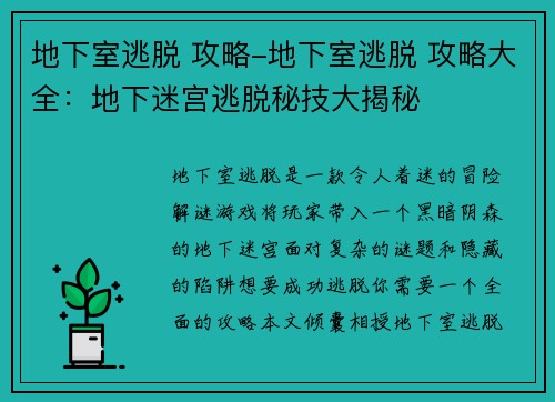 地下室逃脱 攻略-地下室逃脱 攻略大全：地下迷宫逃脱秘技大揭秘