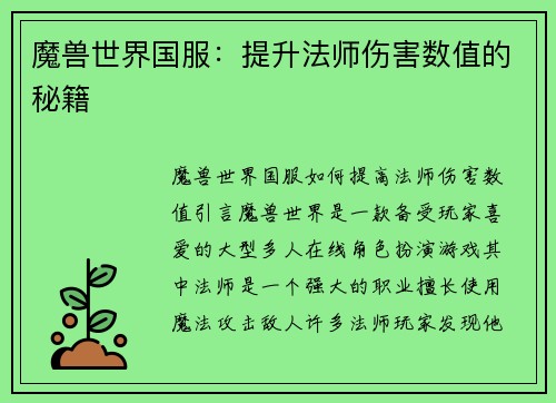魔兽世界国服：提升法师伤害数值的秘籍